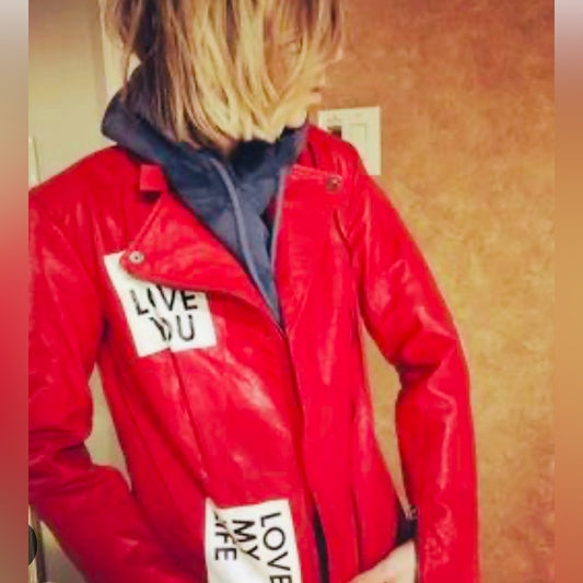 COPY - nice  Peace Love World Red and Black Leather Jacket with Statement Patch…