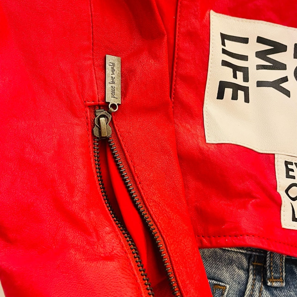 COPY - nice  Peace Love World Red and Black Leather Jacket with Statement Patch…