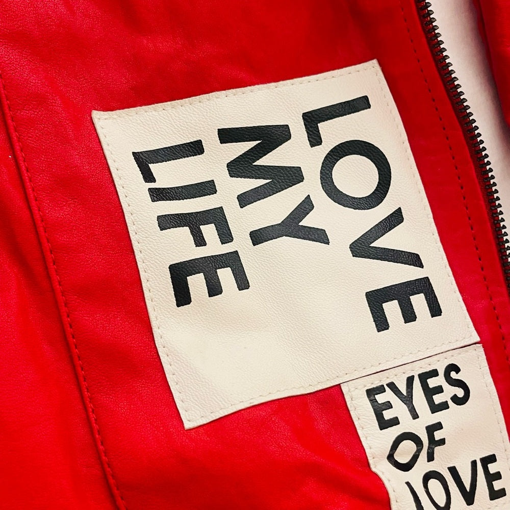 COPY - nice  Peace Love World Red and Black Leather Jacket with Statement Patch…
