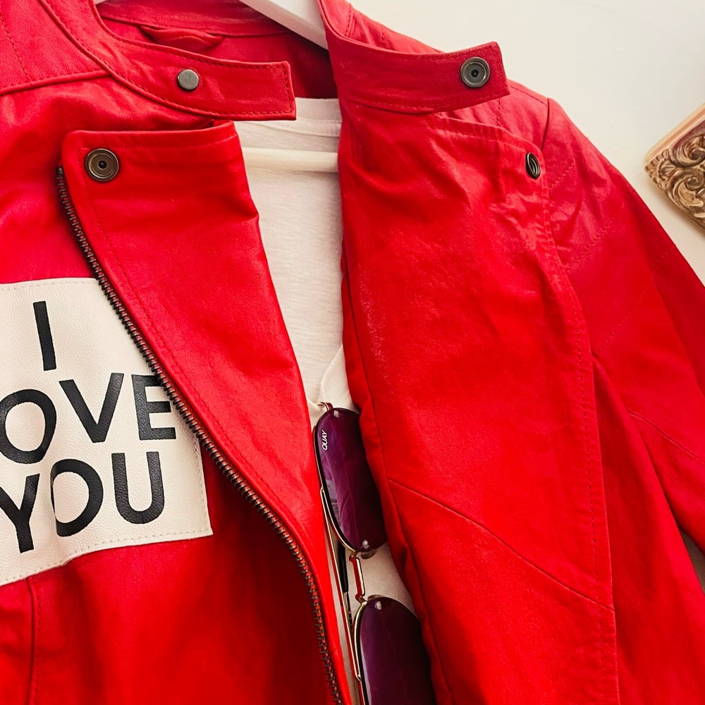 COPY - nice  Peace Love World Red and Black Leather Jacket with Statement Patch…