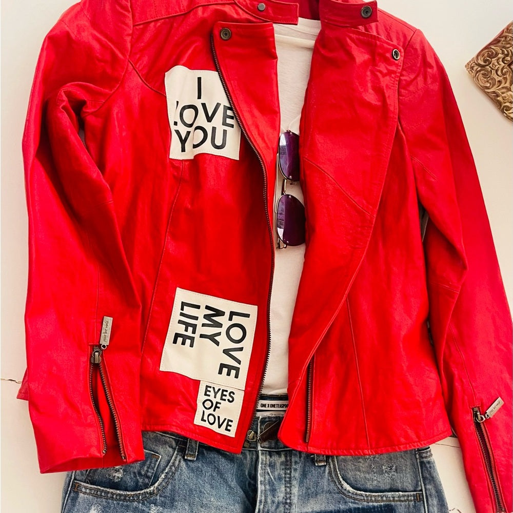 COPY - nice  Peace Love World Red and Black Leather Jacket with Statement Patch…