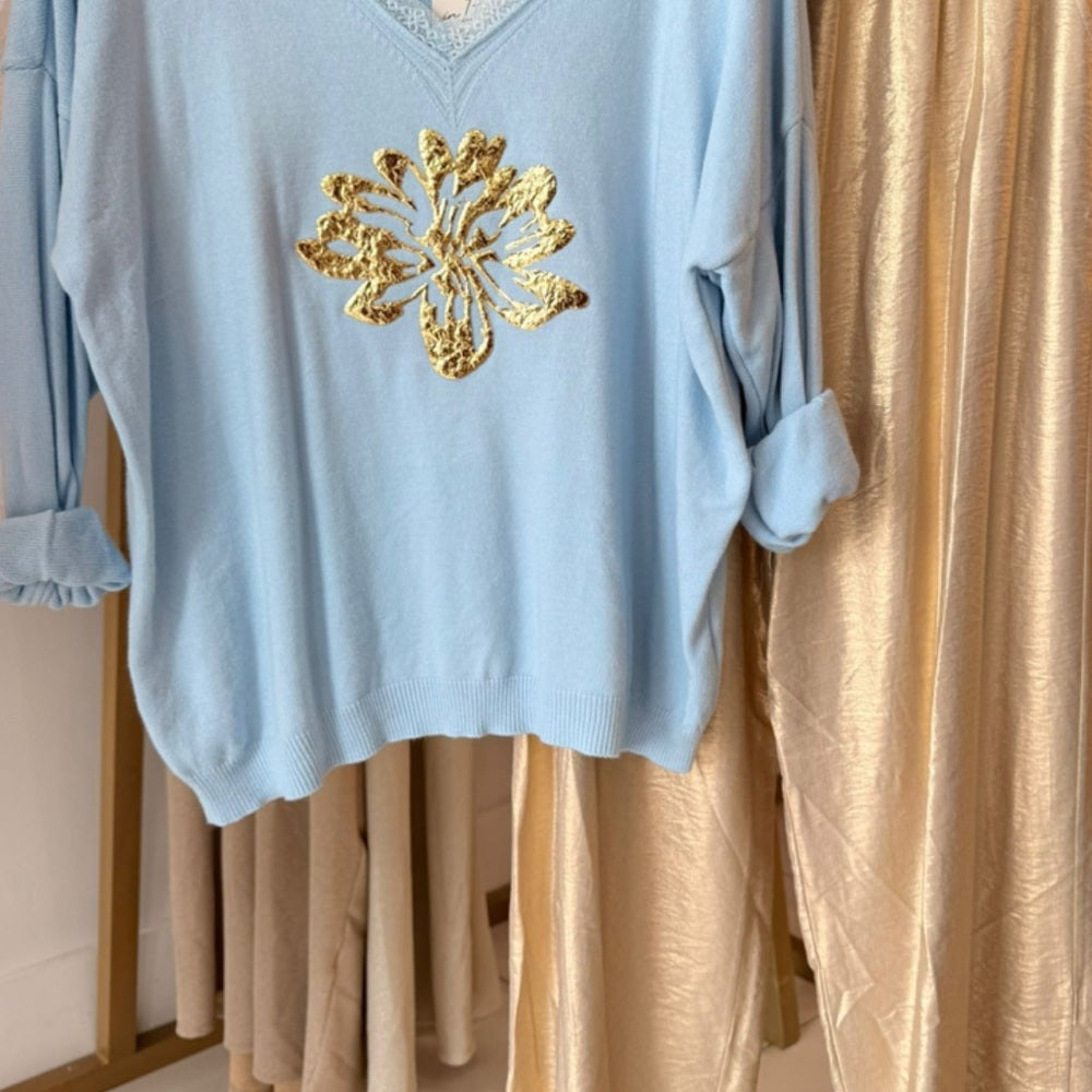 Purple and Gold V-Neck Sweater with Peacock Design