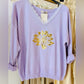 Purple and Gold V-Neck Sweater with Peacock Design