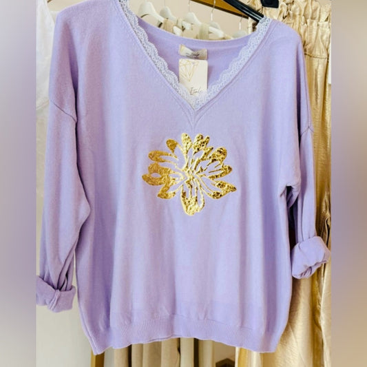 Purple and Gold V-Neck Sweater with Peacock Design