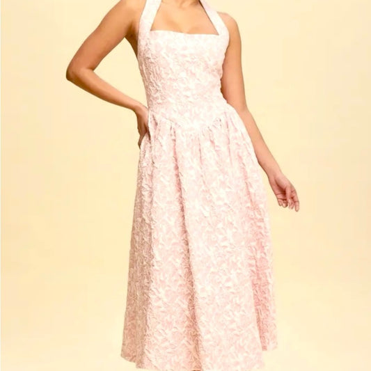 Pink Halter Midi Sundress for Wedding Guest