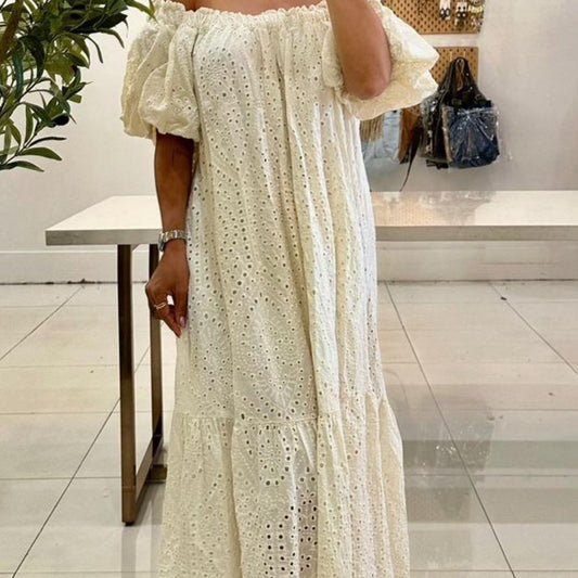 BONITA eyelet Cream Off-Shoulder Puff Sleeve Maxi Sundress