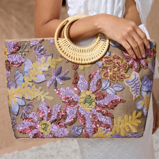 VERONA Vibrant Purple and Yellow Tote with Floral Patterns