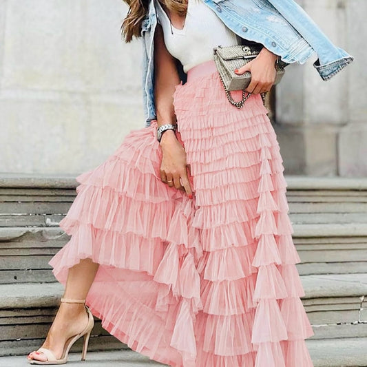 CINDERELLA Ruffled Pink Maxi Skirt for Cocktail Events