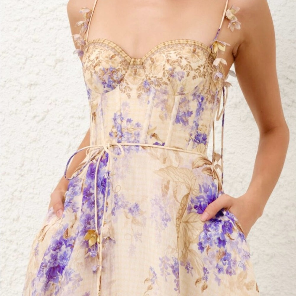 HERMOSA Cream and purple  A-line Sleeveless elegant dress final sale