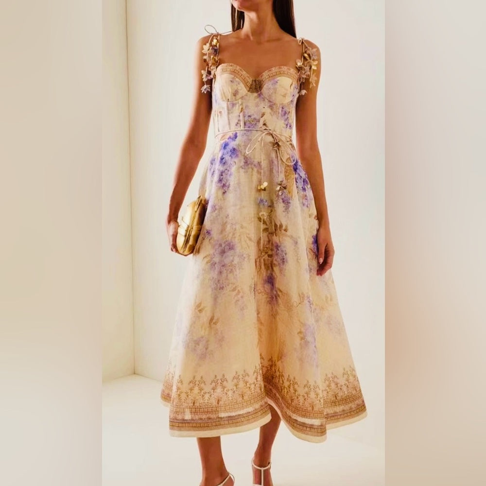 HERMOSA Cream and purple  A-line Sleeveless elegant dress final sale