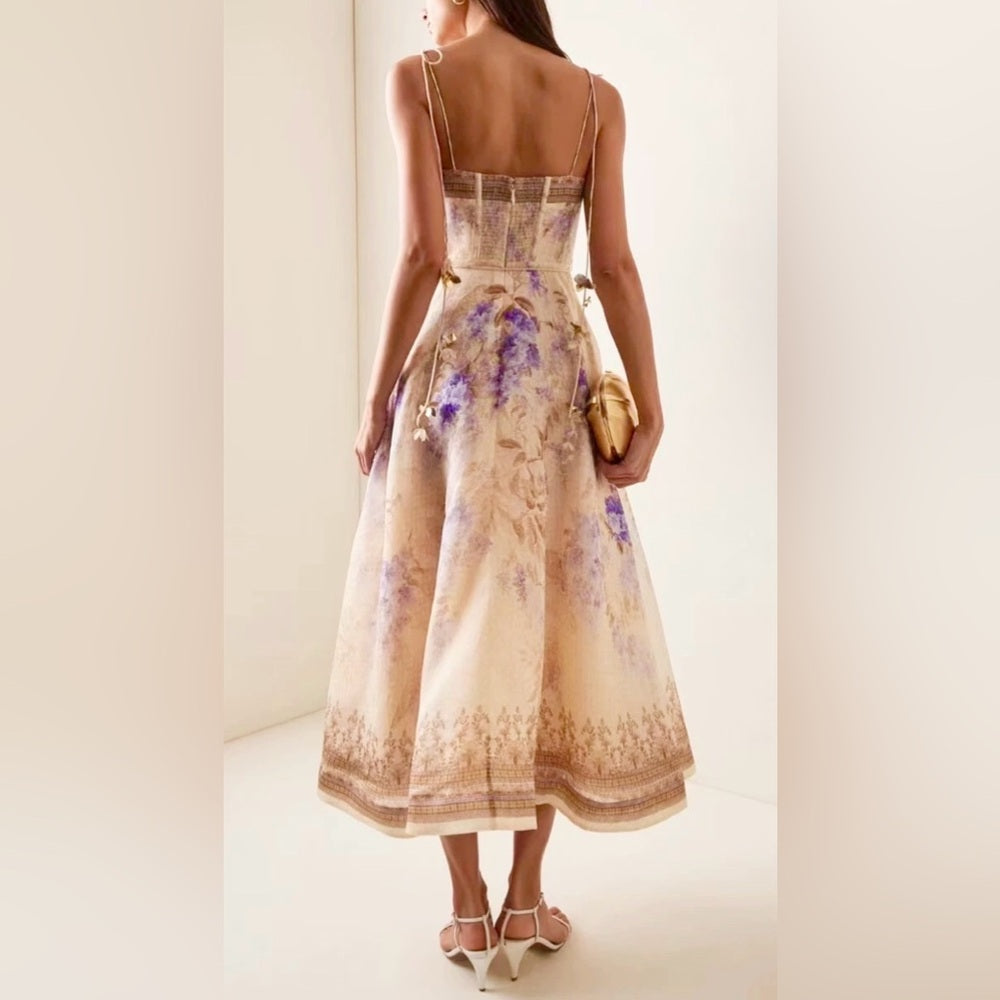 HERMOSA Cream and purple  A-line Sleeveless elegant dress final sale