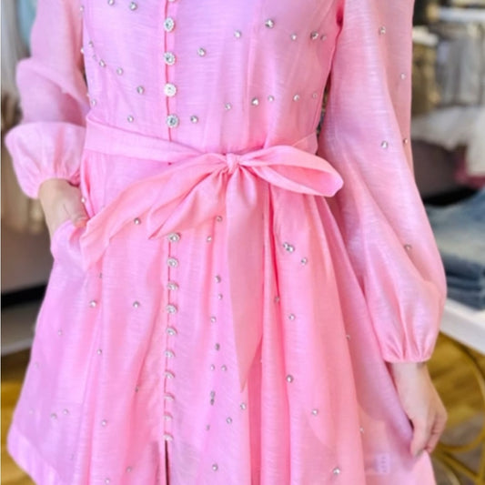 ROSALIA Pink Embellished Sundress with Bishop Sleeves