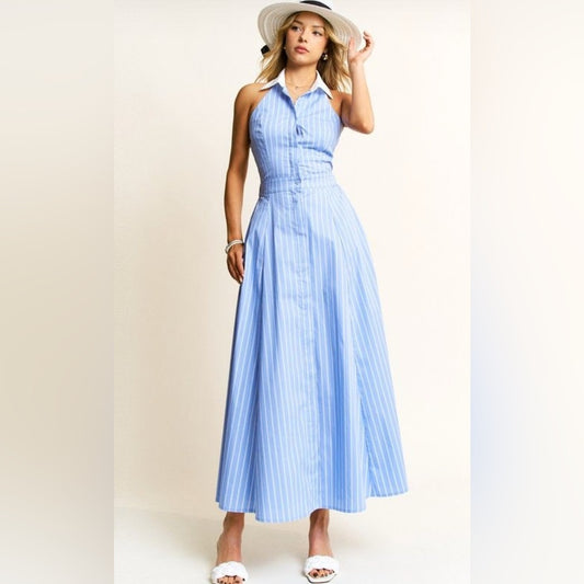 CIELO Elegant Blue Striped Maxi Dress