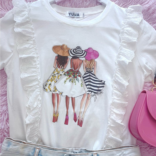 COPY - White Ruffled Short Sleeve Tee with Graphic Print