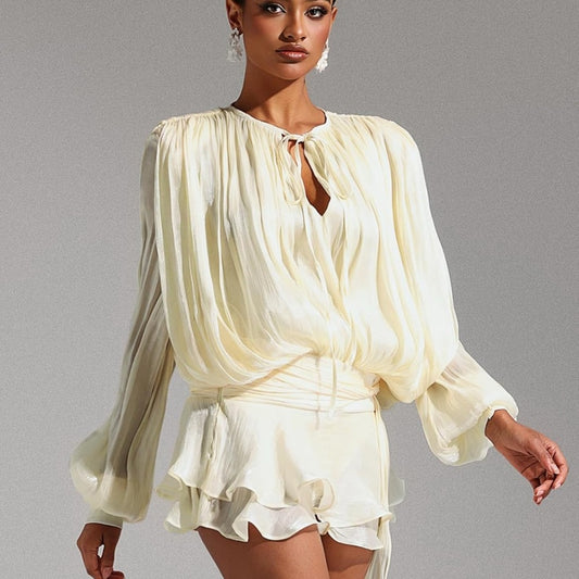 COPY - SAN TORINI Cream Long Sleeve Pleated Blouse with Tie Front