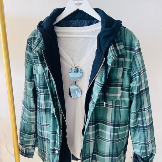 Green Plaid Jacket with attached dark blue  Hoodie,  unisex, final sale