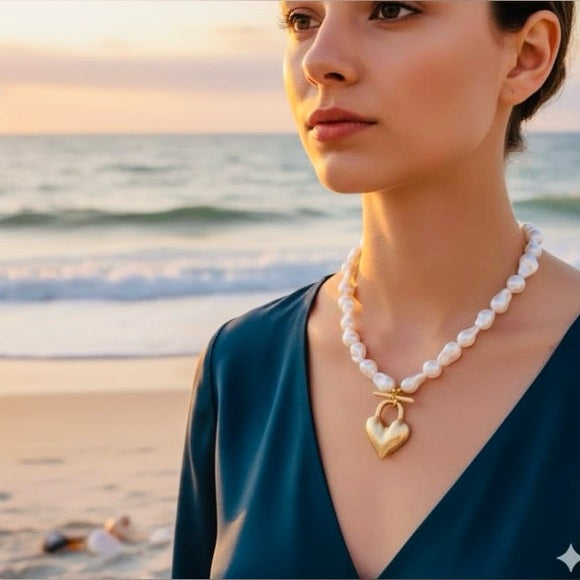 PERLA Elegant Gold Heart Pendant Necklace with fresh water pearls