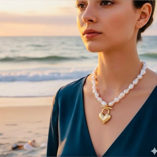 PERLA Elegant Gold Heart Pendant Necklace with fresh water pearls