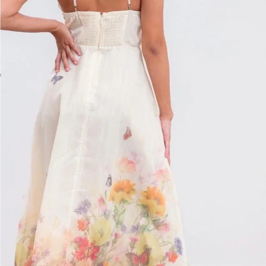 BUTTERFLY BLOSSOM cream Plunge Neck Sleeveless Maxi Sundress