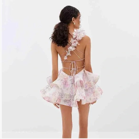 ST TROPEZ open back pink and Purple Ruffled Tiered Mini Dress