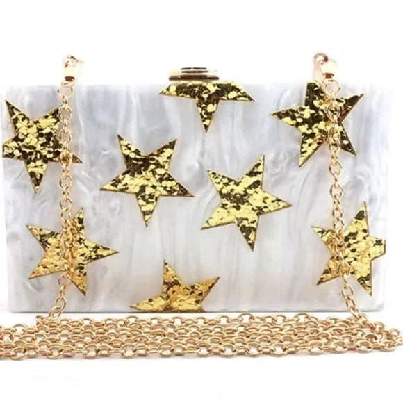 ESTRELLA chic White Clutch with Gold Star Accents