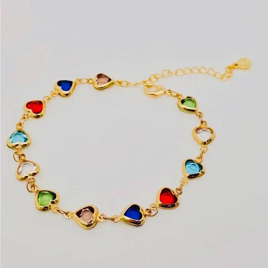 RAINBOW GOLD plated hypoallergenic Heart Bracelet with Multicolor Charms