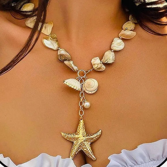 Gold Starfish Charm Necklace with Natural Beads