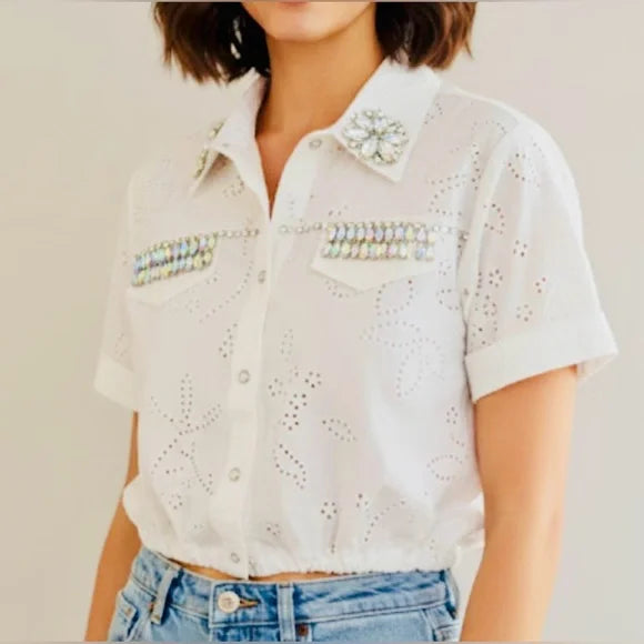 Embellished White Button Down Shirt
