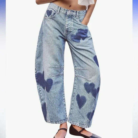 LOVE Blue Heart-Patterned Women's Wide Leg Jeans
