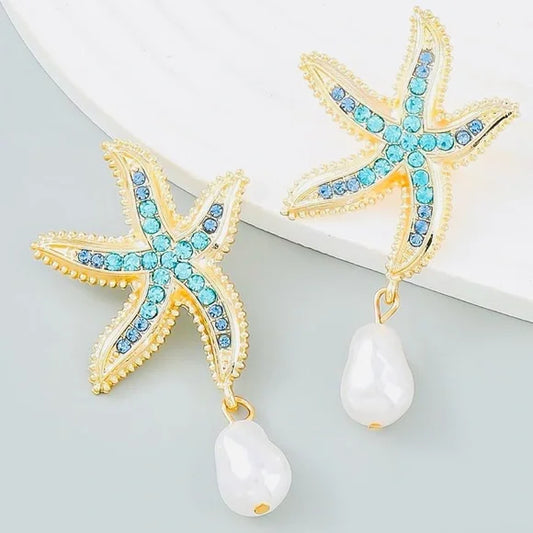 ESTRELLA DE MAR Gold Starfish Earrings with Blue Crystals and Pearl Drops