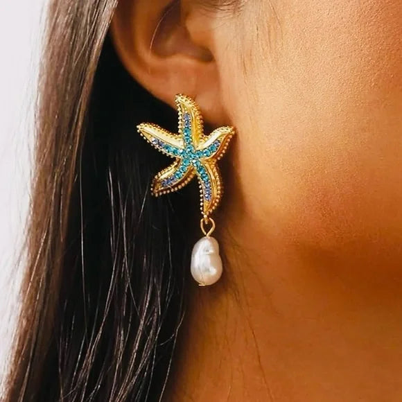 ESTRELLA DE MAR Gold Starfish Earrings with Blue Crystals and Pearl Drops