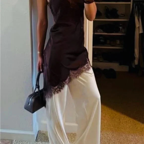 Elegant Brown Lace Trim Chemise