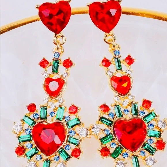 Radiant Red and Green Heart Gemstone Earrings