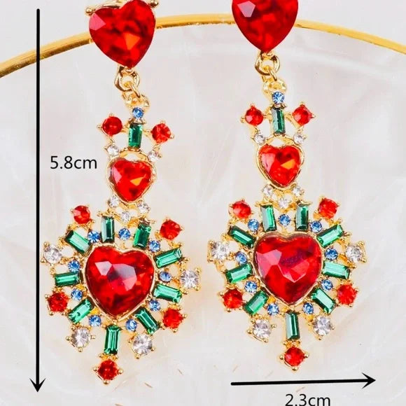 Radiant Red and Green Heart Gemstone Earrings